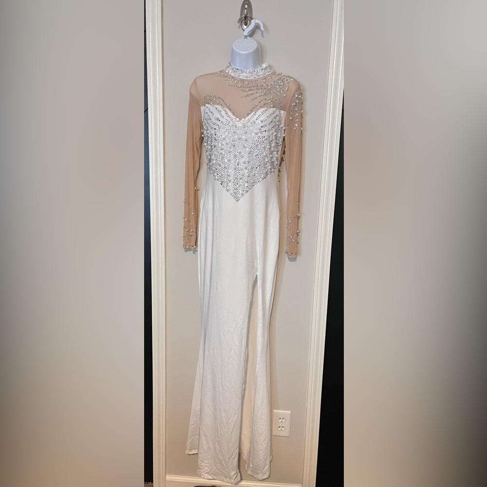 Women’s crystal embellished, high slit, long maxi dress, glam gown, size medium